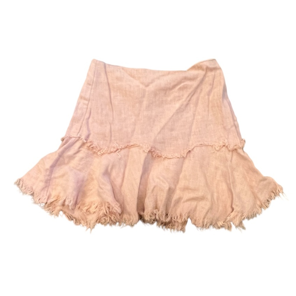 White Valentyne pink raw edge fringe mini skirt
